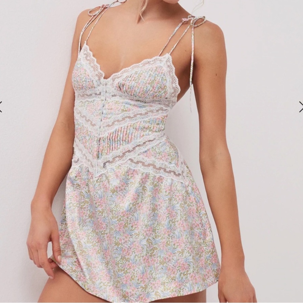 For Love & Lemons Pastel Floral Lace-Trim Mini Dress - White, Pink, Blue